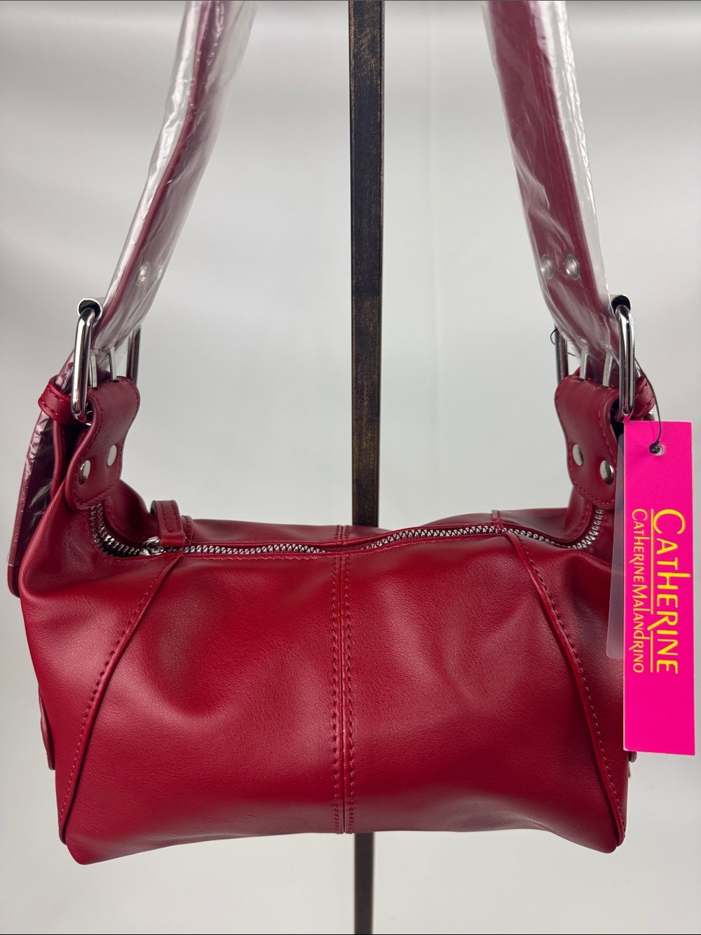 Catherine Malandrino Barrel-Style Shoulder Bag in Deep Red Silver Detail NEW NWT